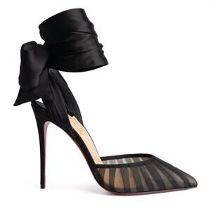 Christian Louboutin Noor 100mm Silk Ankle-Wrap Red Sole Pumps Black Womens 40.5